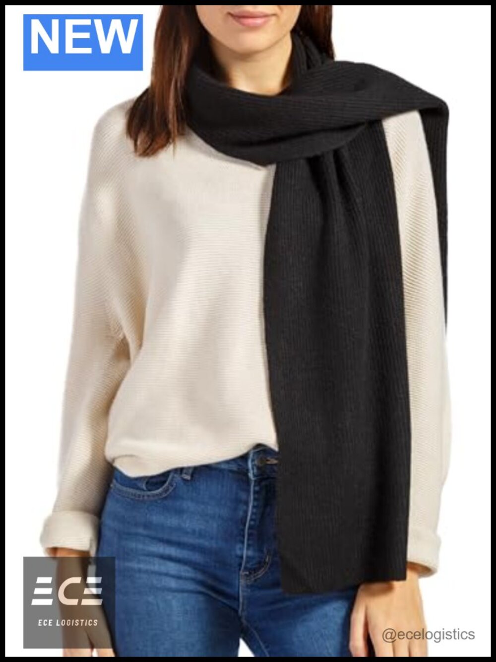 100% Cashmere Ribbed Knit Winter Scarf 72"x12" Classic Wrap